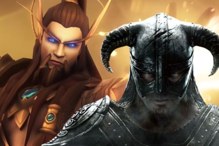 Personnages de jeu vidéo Skyrim, un avec des cornes et une armure noire, l'autre avec des traits elfiques et une armure dorée