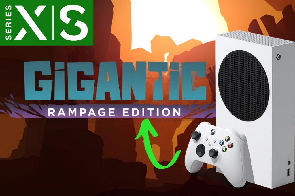 Console Xbox Series S et manette blanches devant le logo du jeu Gigantic Rampage Edition.