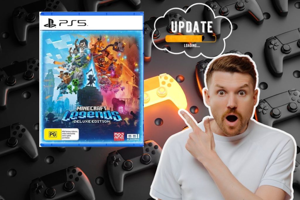 Homme exprimant la surprise à côté de la boîte du jeu PS5 Minecraft Legends et un symbole de mise à jour, évoquant une nouveauté de Microsoft pour les joueurs.