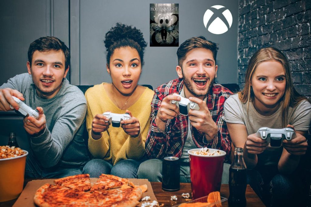 Groupe d'amis jouant à des jeux vidéo ensemble avec une affiche de Hollow Knight et le logo Xbox en arrière-plan.