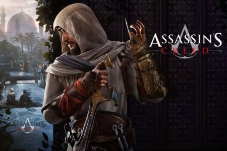 Un assassin en tenue médiévale devant un paysage urbain, logo d'Assassin's Creed.