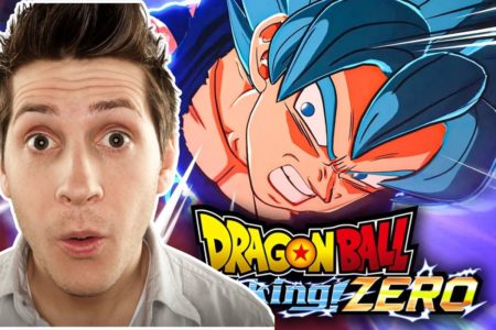 Un homme exprime sa surprise devant une affiche colorée de Dragon Ball Sparking Zéro avec Goku en action.