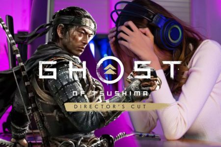 Affiche de Ghost of Tsushima avec une femme stressée devant un écran.