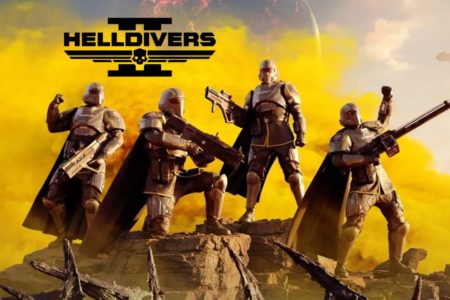 Soldats futuristes en armure sur un champ de bataille, armés et prêts à affronter un nouveau défi dans HellDivers 2.