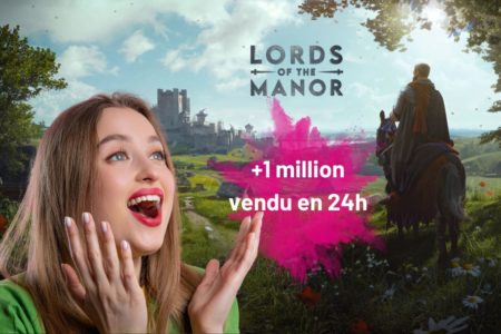 Une femme étonnée célèbre le succès de vente du jeu vidéo "Lords of the Manor" avec un fond illustrant un château et un chevalier.