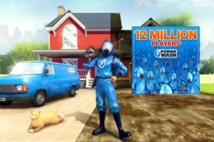 Personnage en costume de PowerWash Simulator à côté d'une pancarte annonçant 12 millions de joueurs.