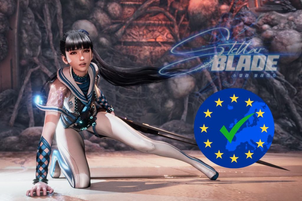 Personnage féminin du jeu Stellar Blade avec l'icône d'approbation de l'UE en arrière-plan.
