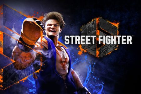 Un combattant de Street Fighter, Akuma, prêt à l'action dans une affiche dynamique avec des effets graphiques orange et bleus.