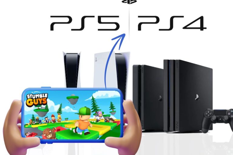 Une personne tenant un téléphone avec Stumble Guys devant des consoles PS4 et PS5.