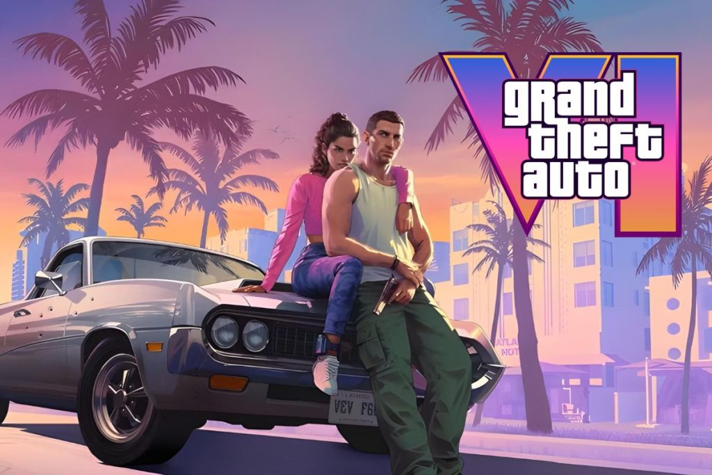 Deux personnages assis sur une voiture avec le logo de Grand Theft Auto VI.