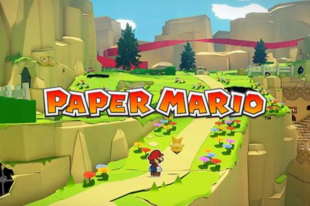 Paper Mario explorant un paysage coloré
