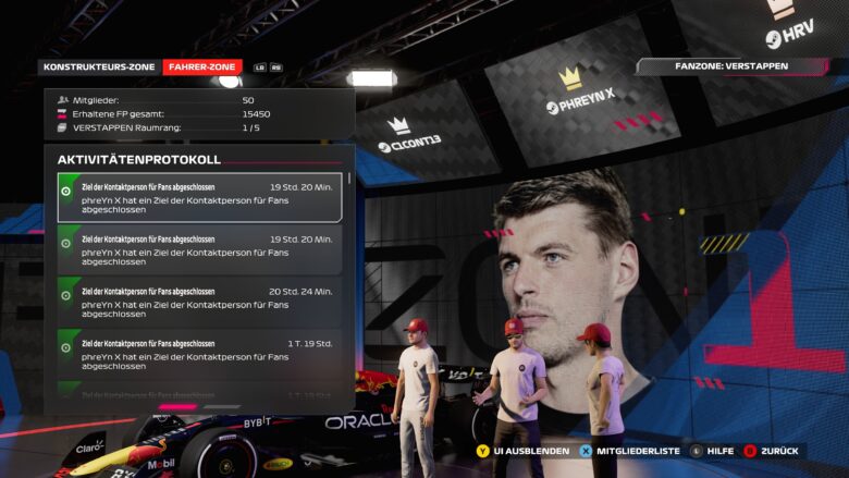 Une capture d'écran de F1 24 montre la fan zone de Max Verstappen