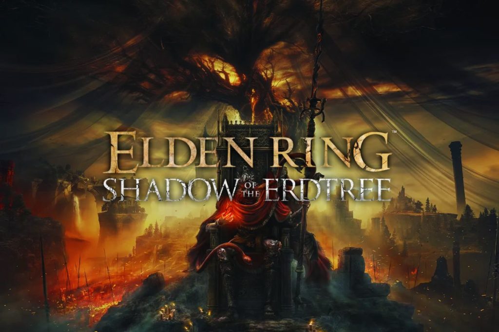 Affiche du jeu Elden Ring Shadow of the Erdtree avec un personnage assis sur un trône.