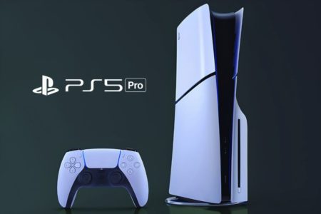 Console PS5 Pro avec une manette, mise en avant sur un fond sombre.