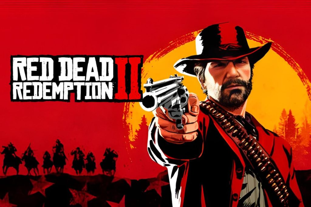 Personnage de Red Dead Redemption 2 pointant un revolver avec un coucher de soleil en arrière-plan.