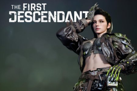 Une personnage féminin de jeu vidéo en armure avec le texte "The First Descendant" en arrière-plan.