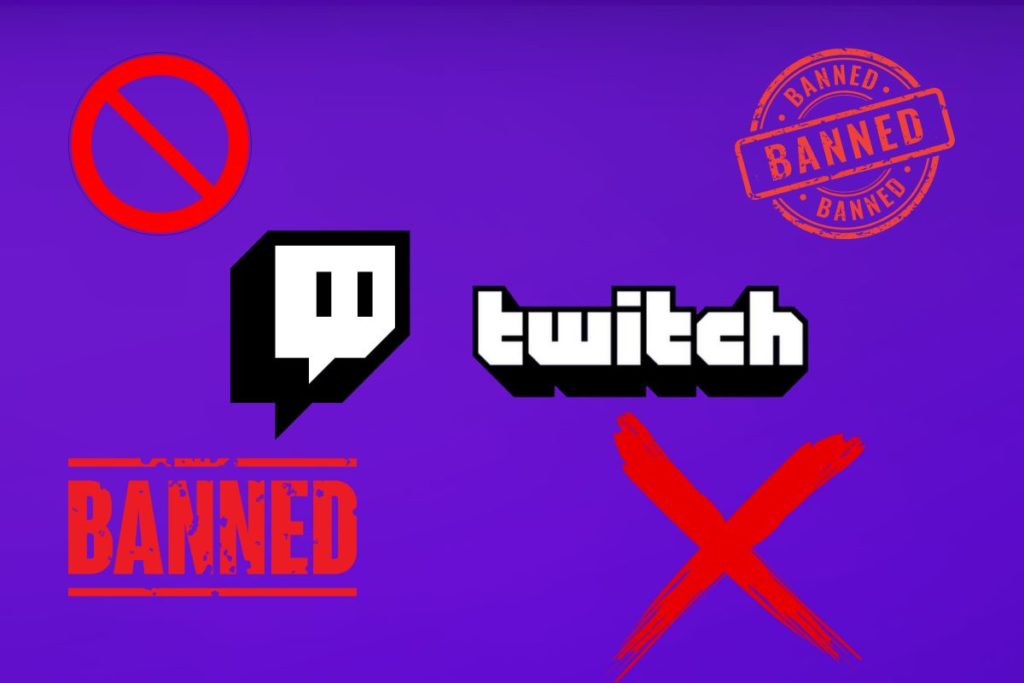 Logos Twitch avec des marques de bannissement sur fond violet.