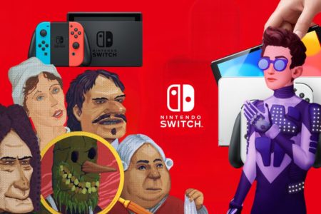 Personnages de jeux vidéo avec des consoles Nintendo Switch sur fond rouge.