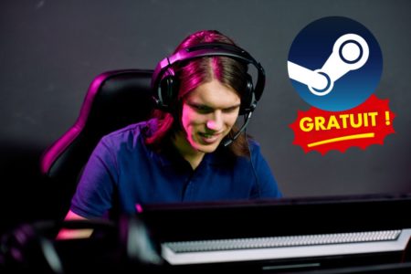 Joueur PC souriant avec un casque, logo Steam et texte "Gratuit" à côté.