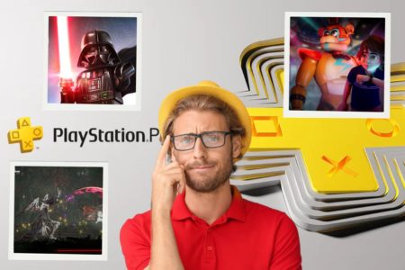 Un homme réfléchit devant un logo PlayStation Plus et des images de jeux vidéo.