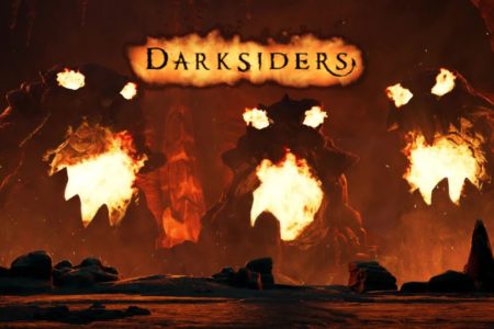 Trois créatures enflammées dans un décor sombre avec le logo de Darksiders.